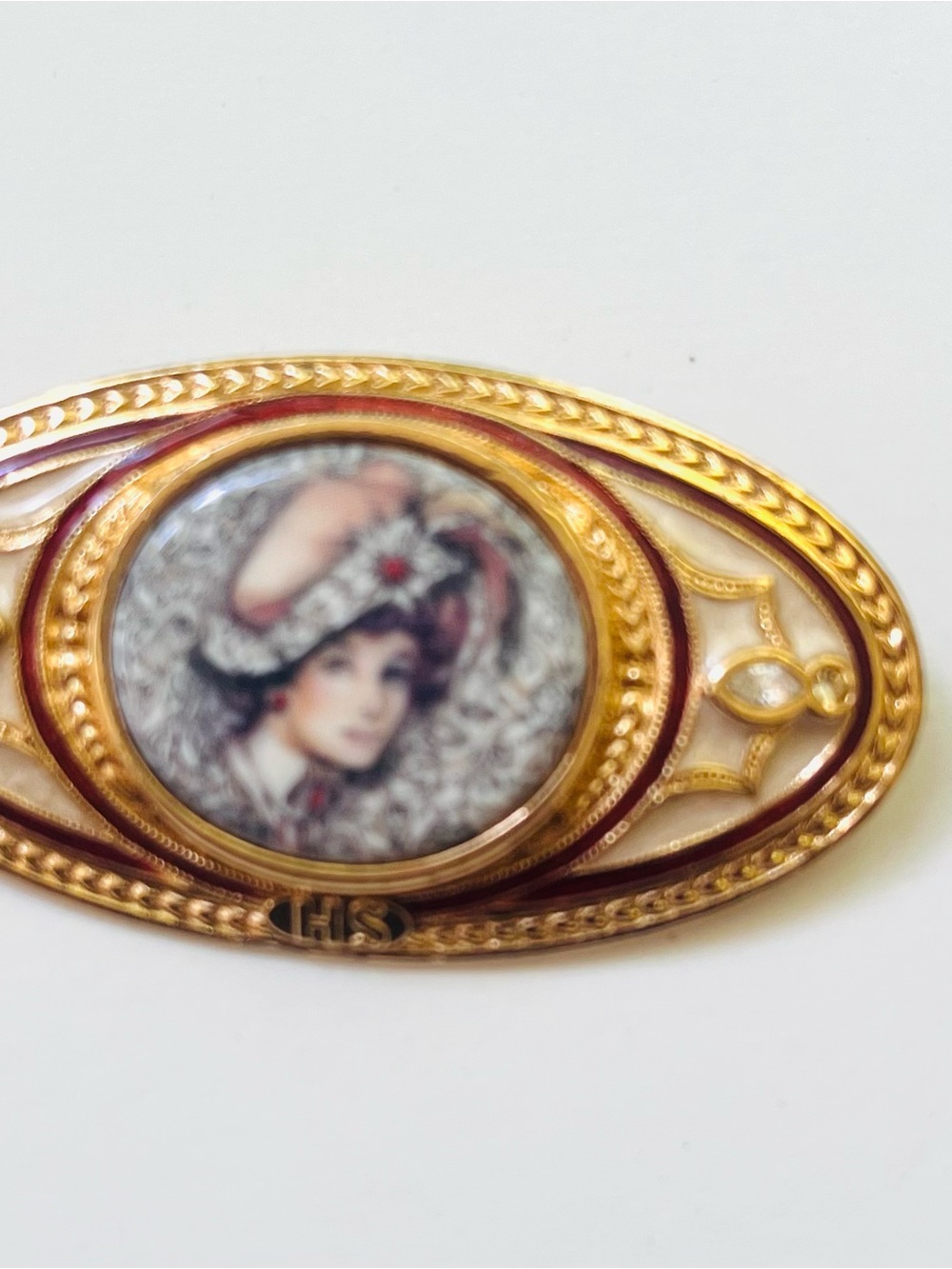 Gold and Maroon Portrait Enamel Brooch - Women Jewelry